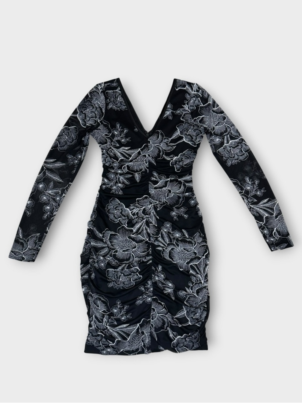 GUESS Black White Floral Mesh Ruched Bodycon Dress Long Sleeve, Size 2